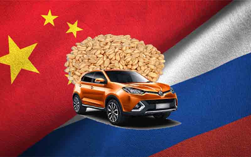 রুশ বৈদেশিক বাণিজ্য : গমের বিনিময়ে গাড়ি রাশিয়া বৈদিশক বাণিজ্য চালু রাখতে পণ্য বিনিময় বা বার্টার প্রথা ফিরিয়ে এনেছে, গমের বিনিময়ে চীন থেকে নিচ্ছে গাড়ি। এখানে দুই দেশের ফ্লাগের মাঝে গম আর গাড়ির কোলাজ ব্যবহার করে একটা প্রতীকী ছবি তৈরী করা হয়েছে।